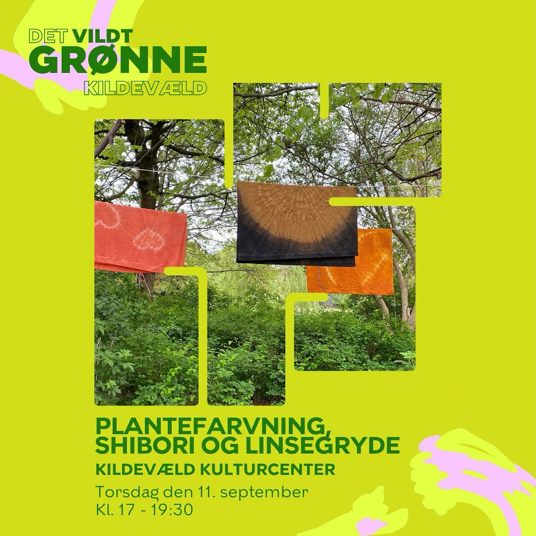 FÅ BILLETTER TILBAGE 🍀 Du kan lige nå at tilmelde dig, hvis du ønsker at være med til en hyggelig og farverig workshop torsdag den 11. september kl. 17:00-19:30, hvor vi dykker ned i naturens farvepalette og shiboriteknikkens mønstre.

På denne workshop laver vi vores eget plantefarvede vægophæng, hvor vi afprøver, hvordan vi kan lave flotte mønstre med teknikken shibori stitching.

🔸 Hvad skal vi lave?
Du lærer, hvordan man farver tekstil med planter – bl.a. hvilke planter, du kan bruge til at farve med, og hvordan farveprocessen foregår fra forberedelse af stoffet til færdigt farvet stof.

Vi skal arbejde med en ud af mange teknikker til at skabe farver på stof, nemlig shibori stitching, som er en japansk teknik, hvor vi broderer i stoffet, hvilket skaber mønstre, når farverne sætter sig. Du får dit eget vægophæng med hjem.

🌼 Vi bruger årstidens farveplanter, som er sanket i lokalområdet.

🍲 Og mens vi venter på, at farverne gør deres arbejde i farvegryderne, spiser vi en lækker vegansk linsegryde, som du kan købe for kun 50 kr.
 
Det praktiske:
🧵 Materialer: Vi sørger for alle materialer. Alle materialer er gratis og du får dit vægophæng med hjem.

📍 Hvor? Kildevæld Kulturcenter

🕔 Hvornår? Torsdag 11. september, kl. 17–19.30 (senest 20.00, alt afhængig af farveprocessen)
 
Tilmelding:
📧 Skriv til: camilla@miljopunkt-osterbro.dk
Workshoppen er gratis, men maden koster 50 kr.
Husk at skrive, om du ønsker mad – så caféen ved, hvor mange portioner, de skal lave.
Hvis du bliver forhindret, så giv os besked, så en anden kan få din plads 💚
 
🌀 Workshoppen er en del af projektet Det VILDT grønne Kildevæld – et samarbejde mellem Miljøpunkt Østerbro, @kildevaeld_kulturcenter og @rewairdk . Projektet er støttet af @nordeafonden og Østerbro Lokaludvalg (@vi_er_oesterbro)